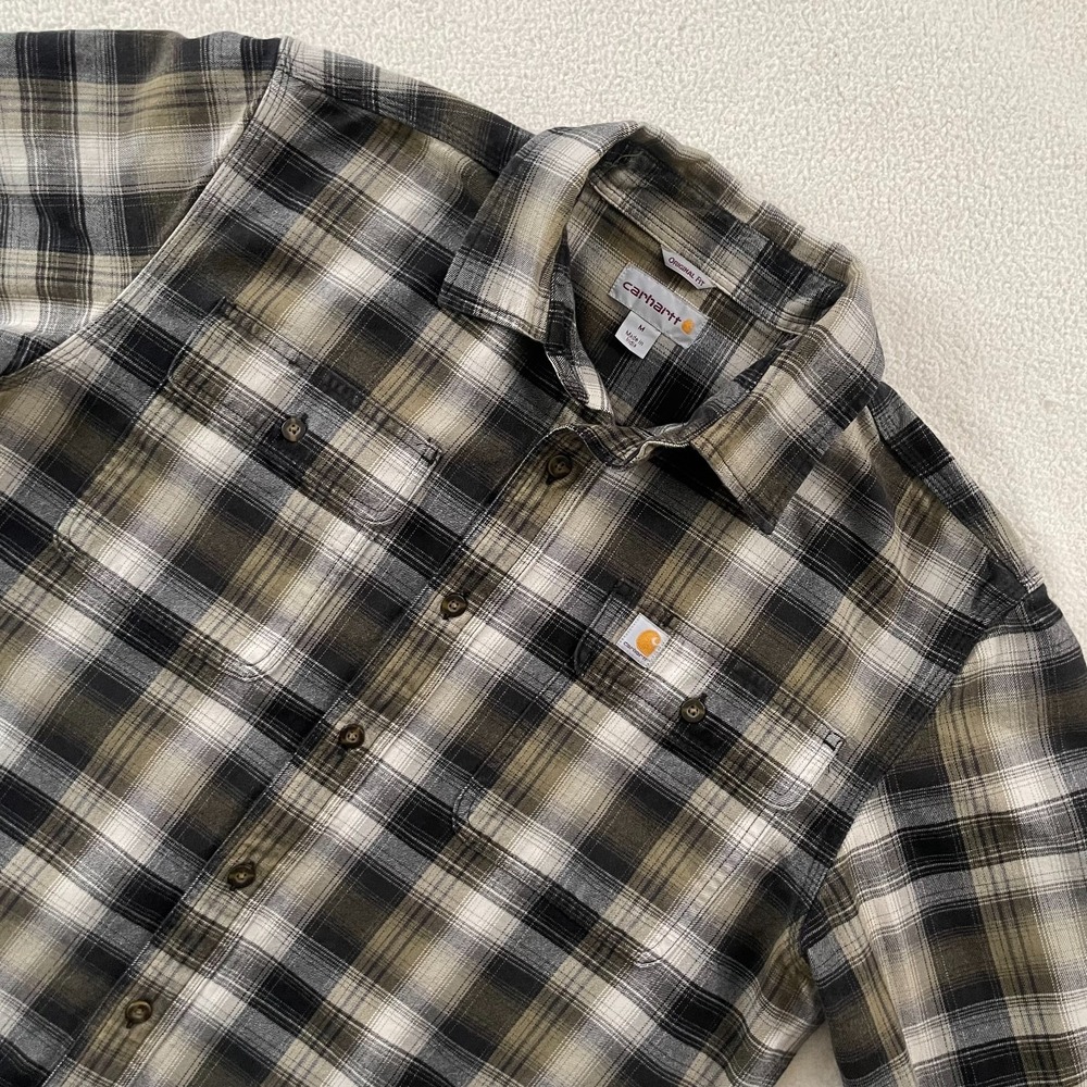 Carhartt Mens Medium Button Up Shirt Green Black Plaid Flannel Original Fit